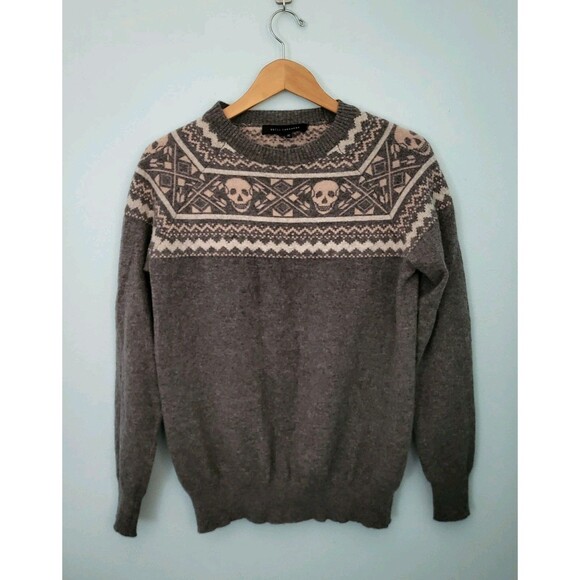 SKULL CASHMERE Sweater Womens L Miley Fair Isle Grey Pink Nordic Crewneck - Picture 1 of 8